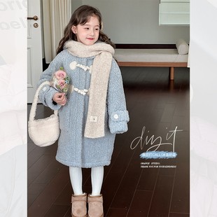2025韩国女童大衣儿童冬款仿皮毛一体外套女孩中长款羊羔绒棉服