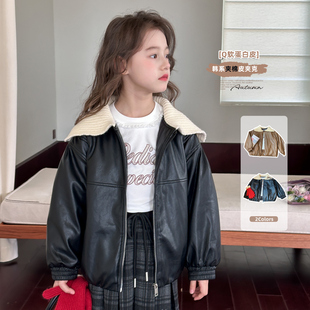 女童皮衣外套2025秋冬装新款儿童韩系夹棉皮夹克女孩洋气棉衣