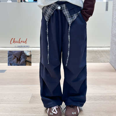 女童冬季一体绒格子屁帘工装裤