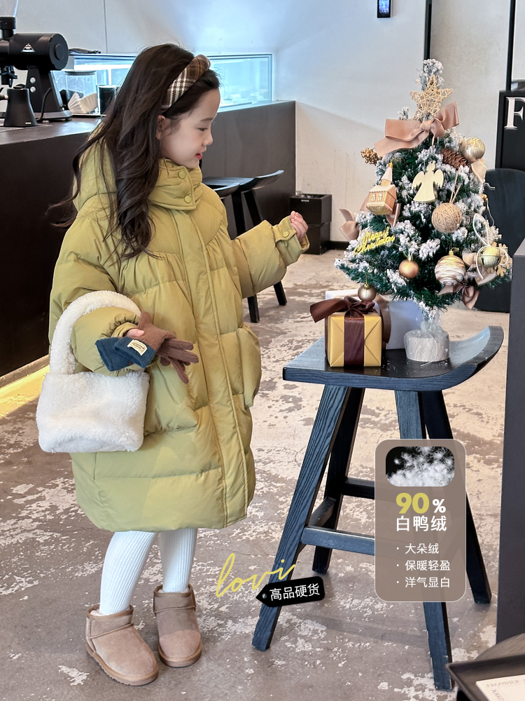 lovi儿童冬季绿色长款连帽羽绒服