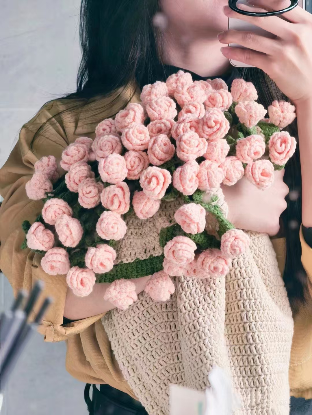 玫瑰花束毯子手工编织diy材料包毛线团钩织铃兰花朵毯自制勾针花