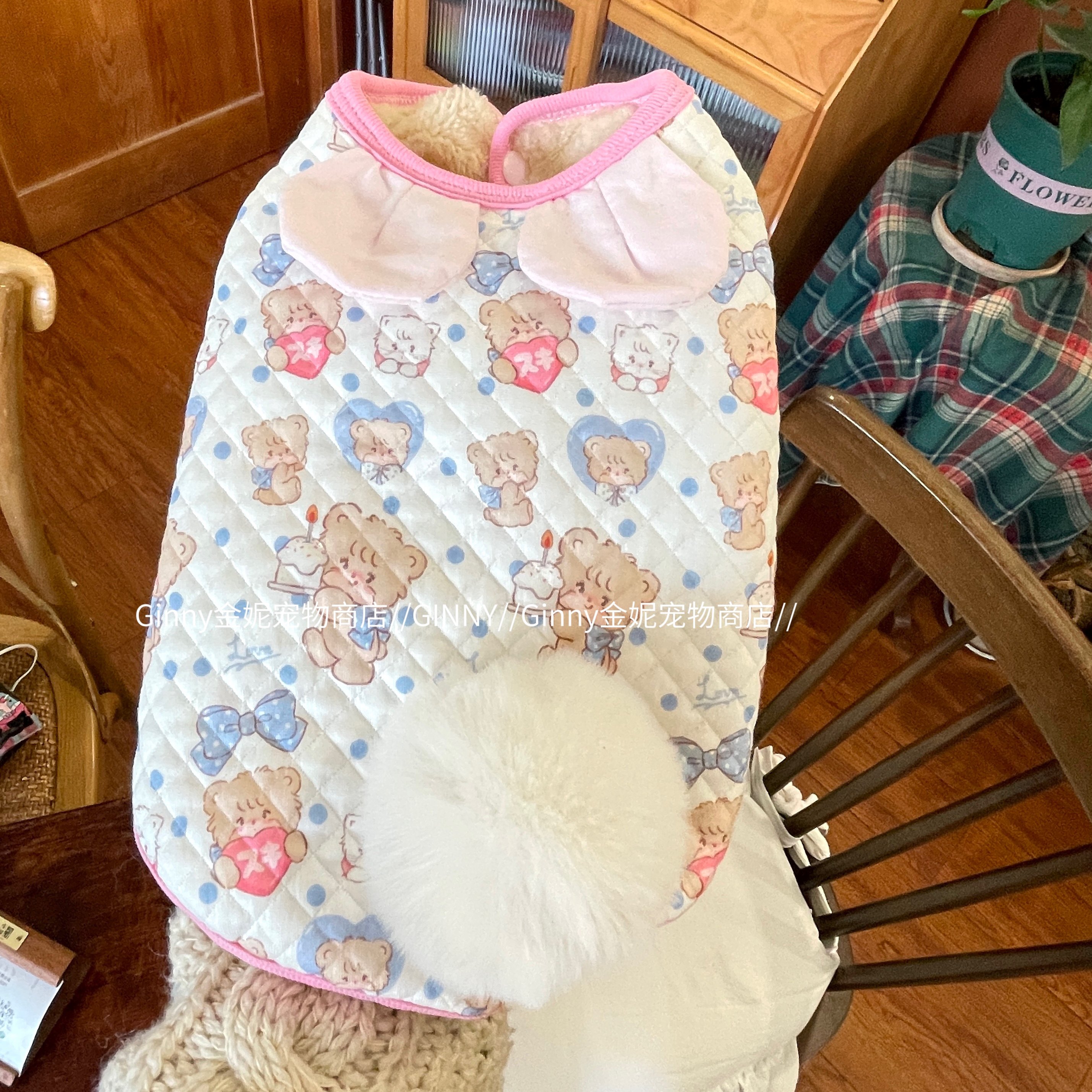 GINNY'粉绒兔耳'宠物衣服加绒马甲背心猫咪狗狗加厚夹棉服保暖冬