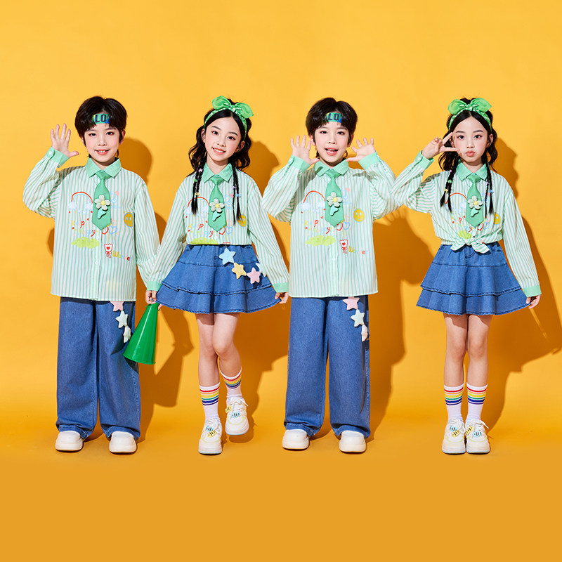 六一儿童演出服小学生运动会啦啦队绿色条纹衬衫表演幼儿园合唱服