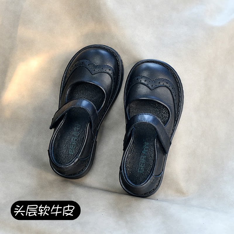 贝然头层小牛皮女童皮鞋软底