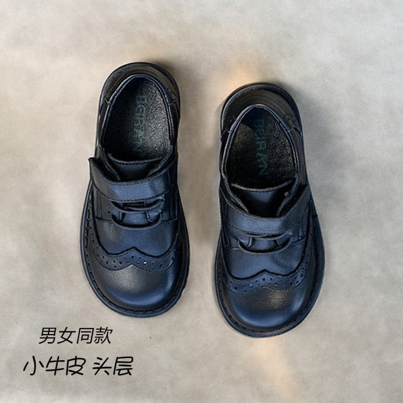 头层小牛皮男女童黑色皮鞋JK鞋