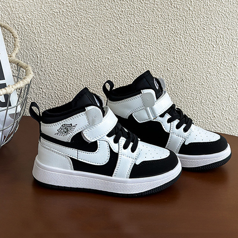 真皮儿童运动鞋高帮板鞋秋冬男女童黑白熊猫鞋加绒二棉休闲鞋软底