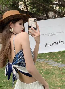 复古欧美ins辣妹吊带女夏季设计感小众丝巾背心外穿抹胸内搭上衣