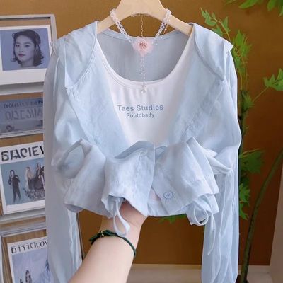 蓝色连帽轻薄透气防晒衬衫女上衣夏季新款设计感下摆抽绳薄外套