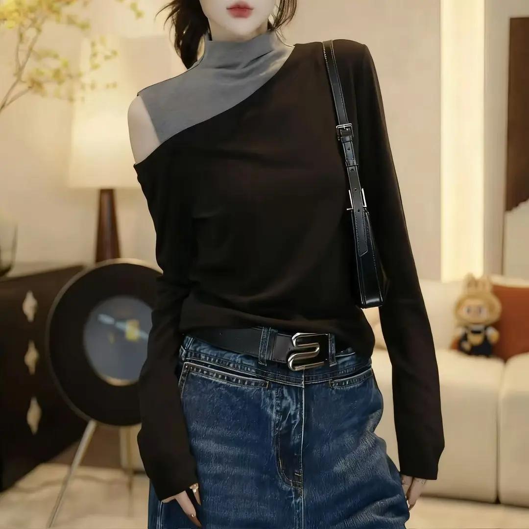 大码女装半高领露肩长袖T恤打底衫秋冬季新款撞色假两件加厚上衣