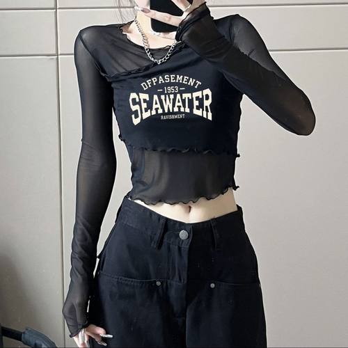 美式复古印花长袖T恤女夏季新款辣妹不规则修身显瘦防晒罩衫上衣