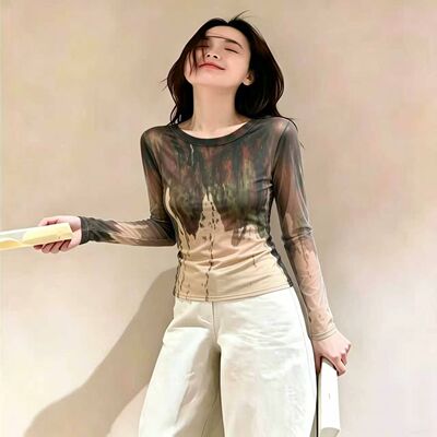 大码女装设计感扎染长袖双层网纱T恤女夏季百搭修身防晒罩衫上衣