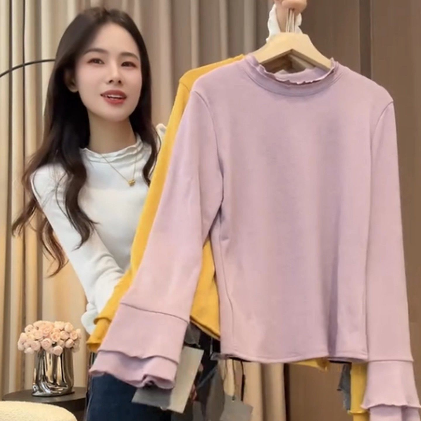 大码女装设计款秋冬气质甜美双木耳边长袖立领T恤加厚磨毛打底衫