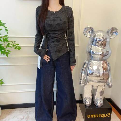 大码女装秋冬设计感闪粉抽褶扎染长袖显瘦时尚设计感磨毛打底上衣