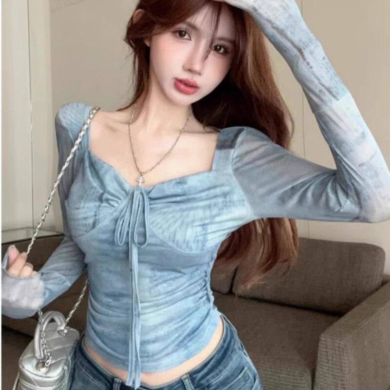 港风甜辣抽褶方领上衣服女设计感夏季短款扎染系带网纱防晒罩衫女