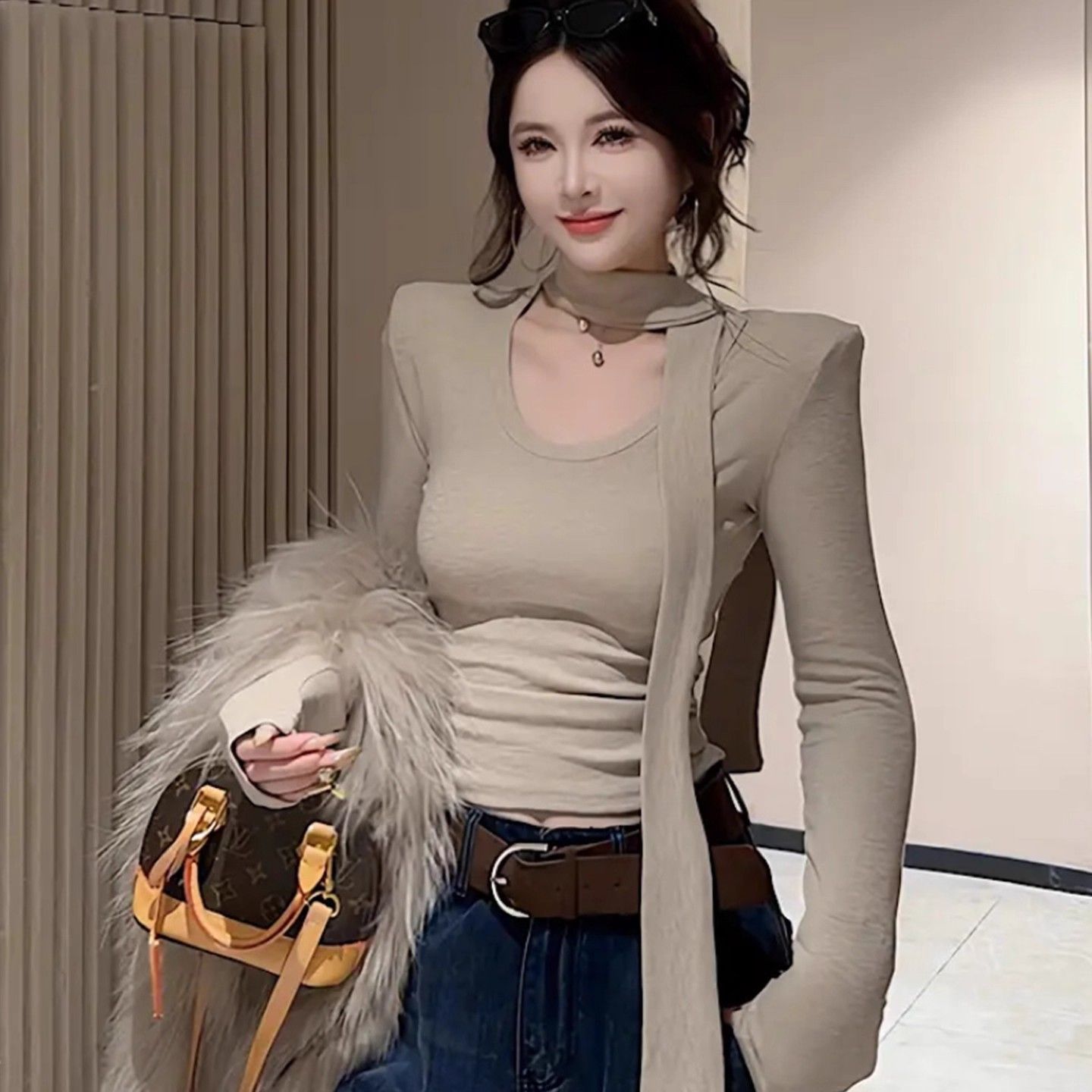 大码女装韩系飘带U领短款上衣