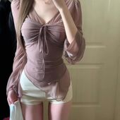 修身 T恤女夏季 显瘦性感辣妹褶皱绑带防晒上衣 气质V领网纱长袖 法式