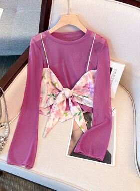 甜美辣修身妹洋气减龄上衣夏季新款设计感小众紫色碎花吊带T恤女