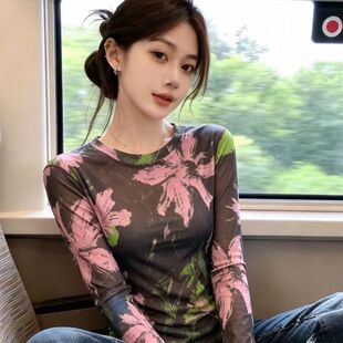 大码女装薄款印花双层网纱设计长袖防晒T恤夏季圆领百搭显瘦上衣