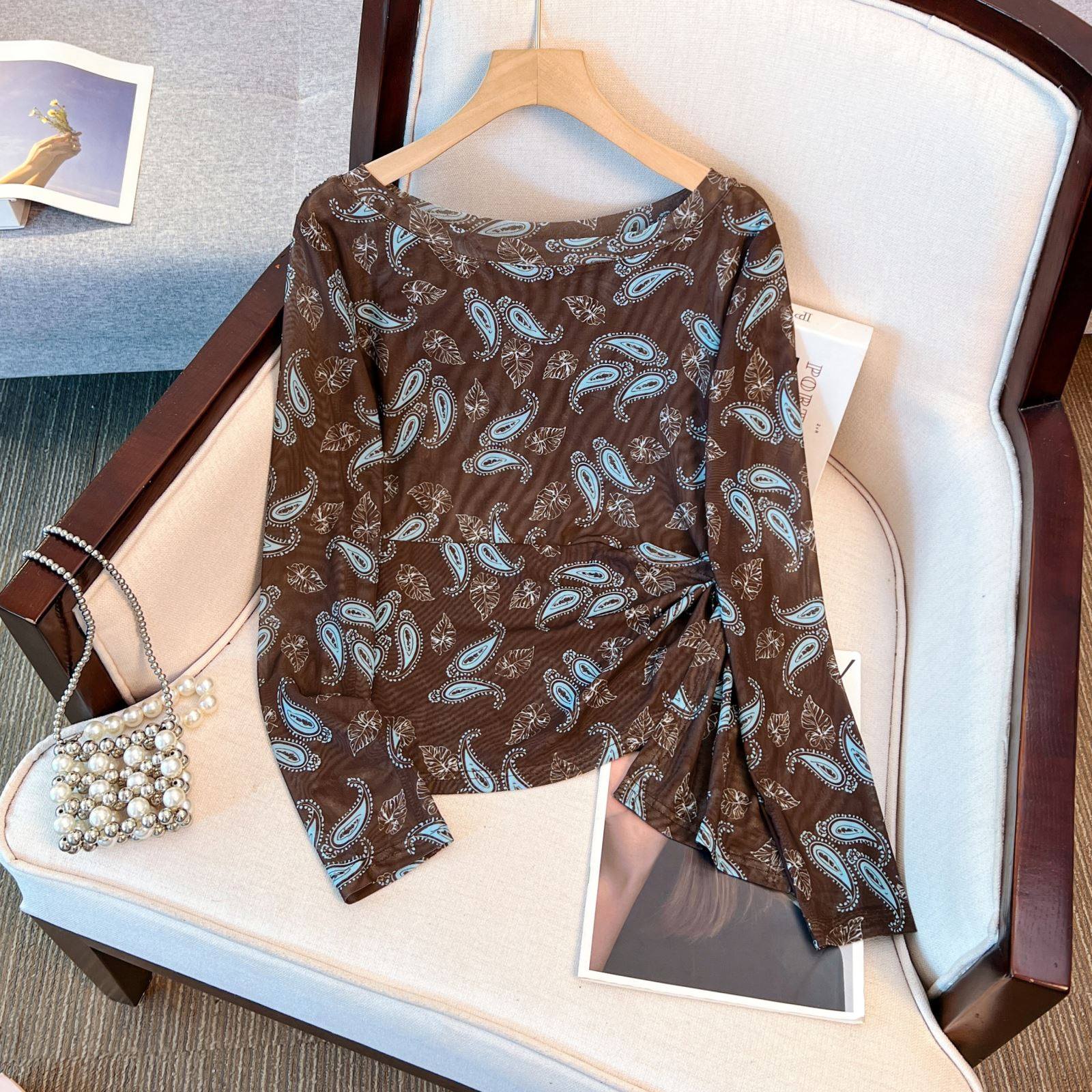 大码女装秋季双层韩版印花气质绑带长袖T恤女新款设计感网纱上衣