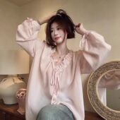 袖 夏季 V领不规则荷叶边薄款 大码 法式 衬衫 防晒衬衫 胖mm上衣潮 女装