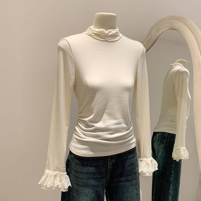 大码女装半高领打底衫秋冬新款磨毛褶皱蕾丝边喇叭袖修身内搭上衣,女装/女士精品,大码内搭,淘宝优惠券,粉丝福利购,淘宝优惠卷