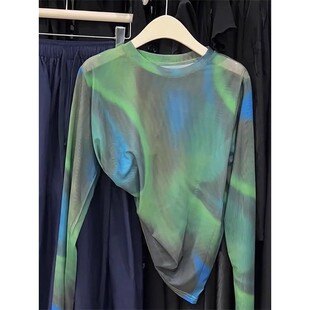 大码女装复古撞色晕染薄款网纱长袖t恤秋季新款宽松胖mm打底上衣