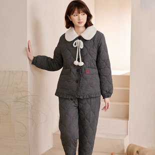 花丛丽影睡衣秋冬季女士三层加厚纯棉梭织夹棉时尚保暖青年家居服