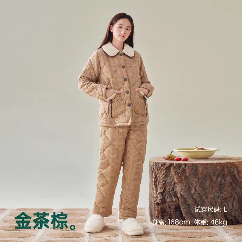 安之伴巨保暖三层加厚夹棉袄睡衣女士冬季冬款梭织磨毛青年家居服