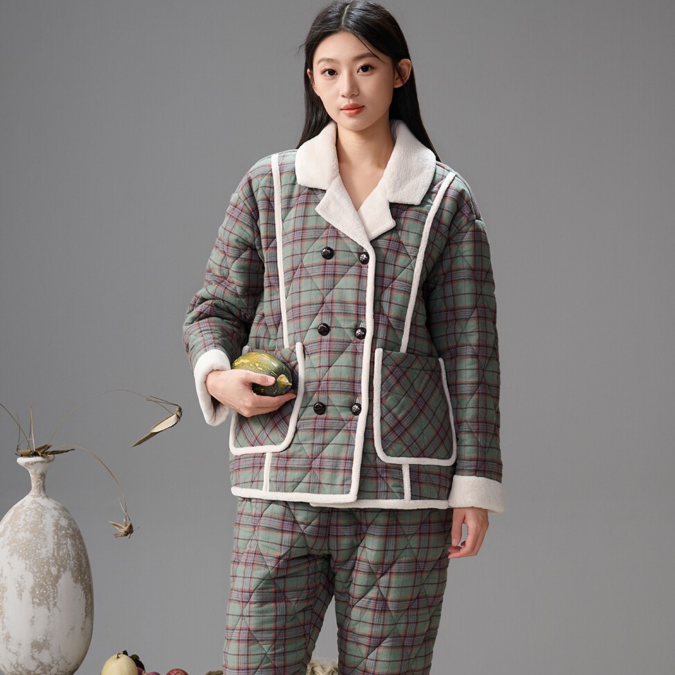 安之伴睡衣冬季新款女加厚夹棉纯棉梭织格时尚保暖青年家居服棉袄