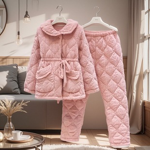 精雅睡衣2024冬季 保暖棉袄收腰家居服 女士三层加厚夹棉珊瑚绒时尚