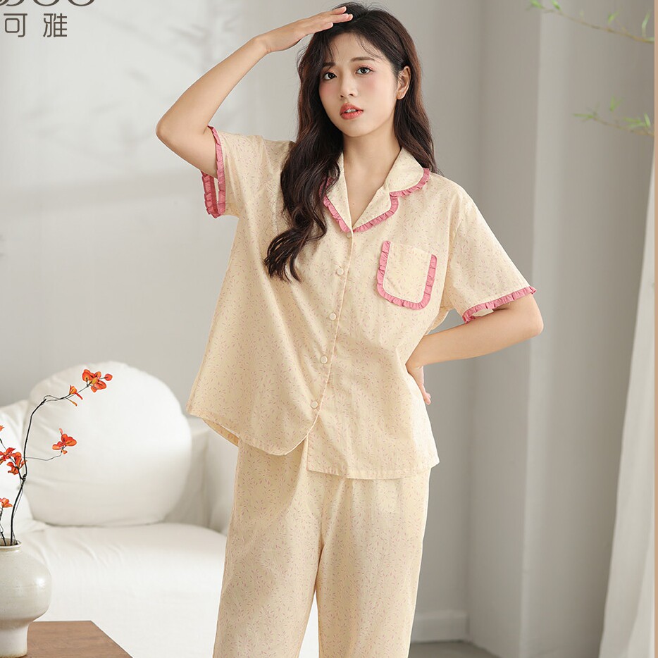妮可雅睡衣2026夏季女梭织纯棉印花短袖七分裤甜美可爱休闲家居服