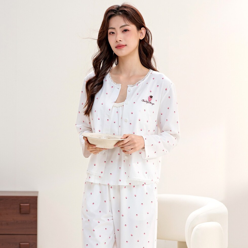 佰伦熊天丝棉女长袖开衫家居服