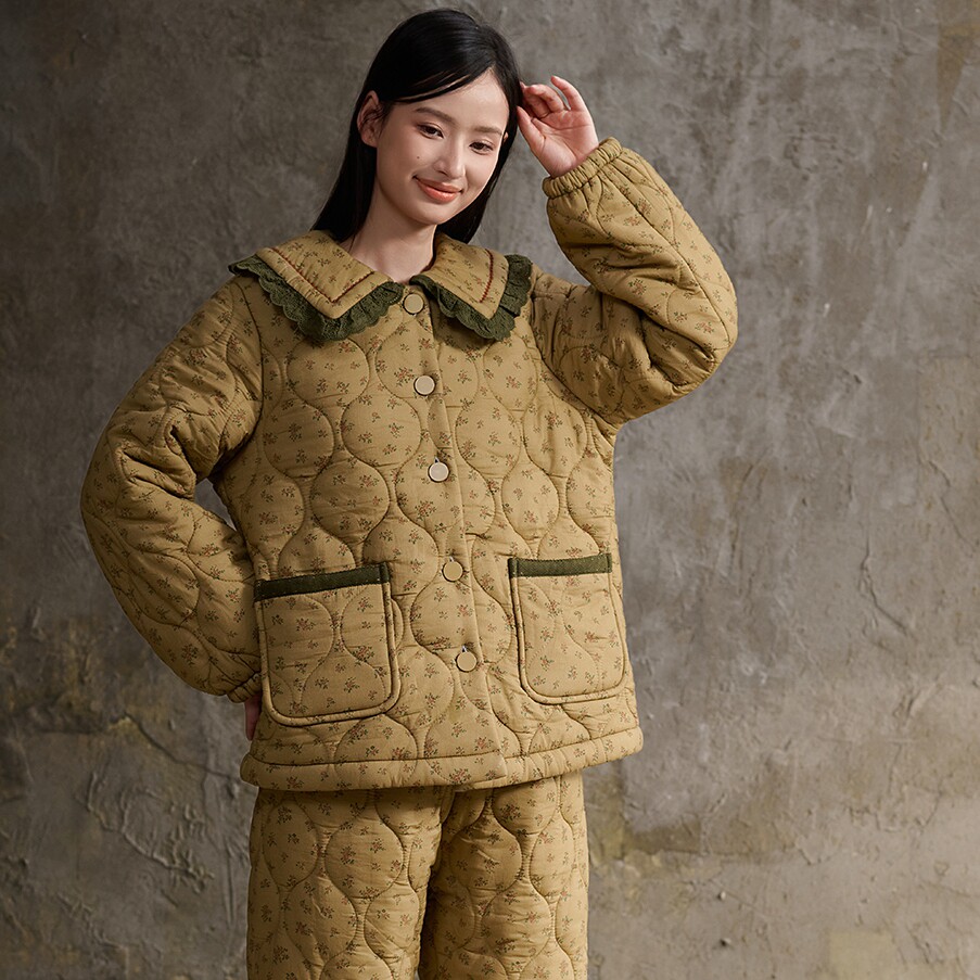 安之伴睡衣冬季女士三层加厚夹棉纯棉梭织印花时尚保暖家居服棉袄