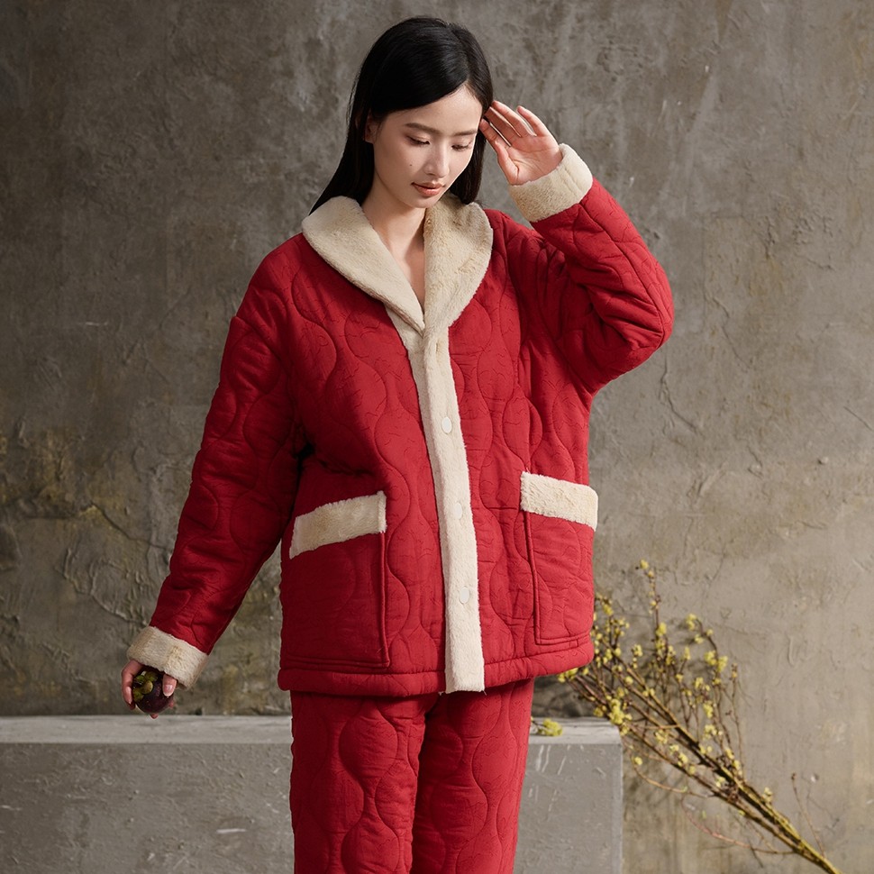安之伴睡衣冬季女士三层加厚夹棉梭织印花时尚保暖青年家居服棉袄