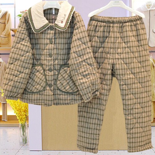 乐可美睡衣冬季女纯棉梭织磨毛加厚珊瑚绒夹棉时尚保暖家居服棉袄