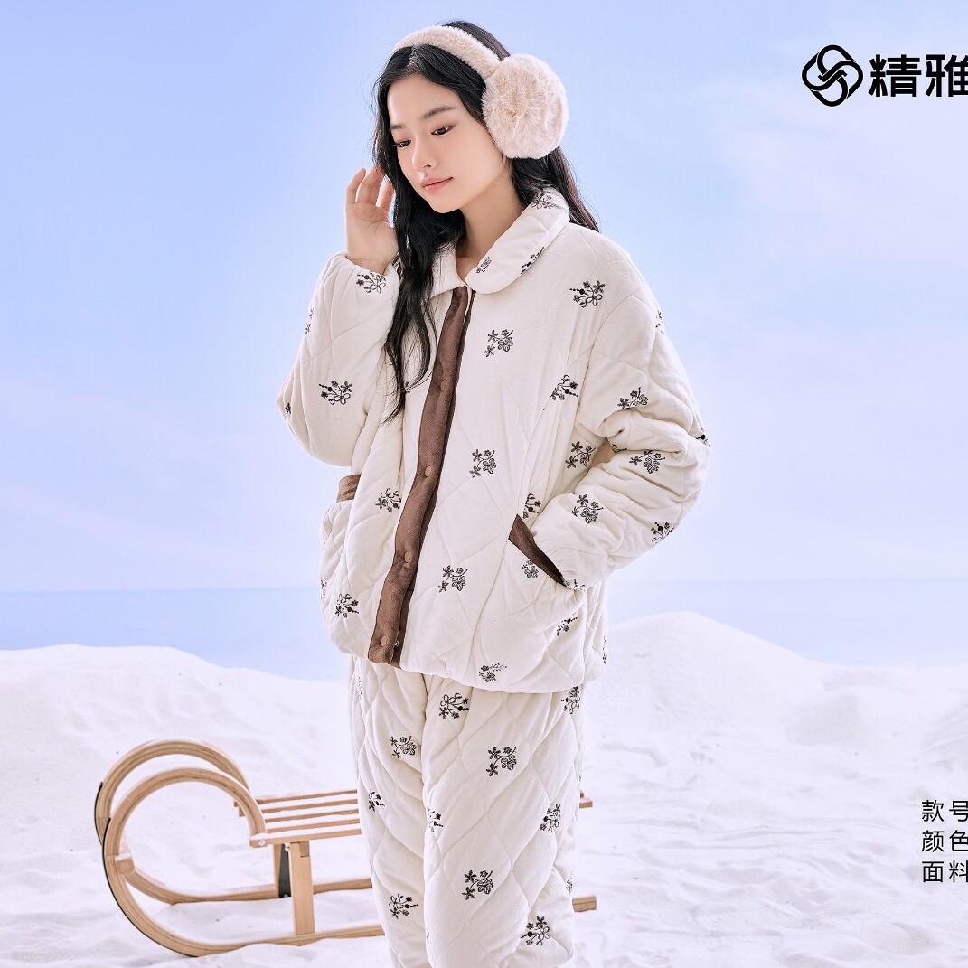 精雅冬季女士保暖珊瑚绒睡衣套装