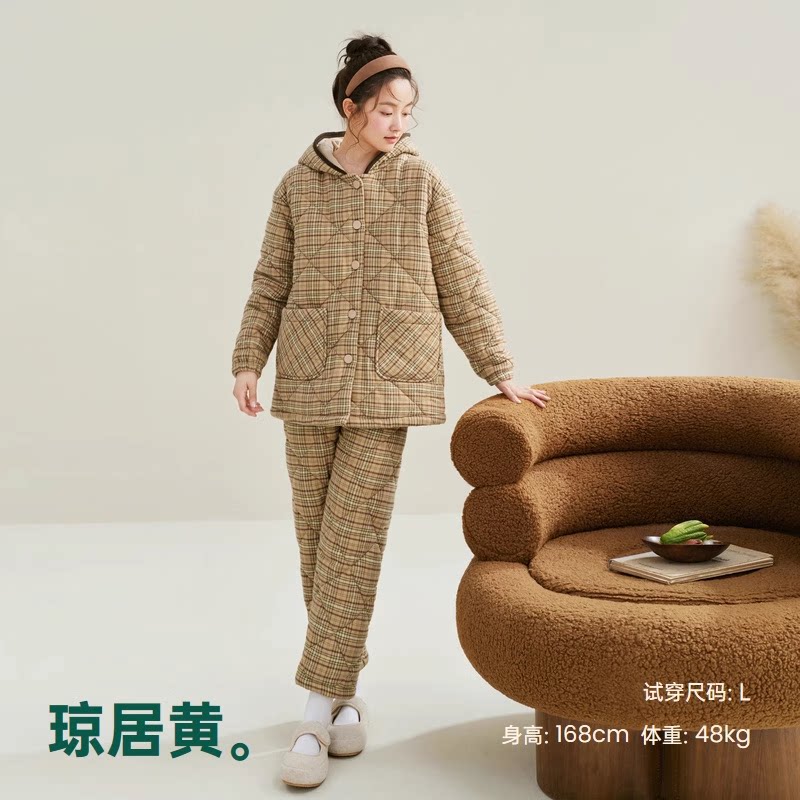 安之伴巨保暖三层夹棉睡衣女冬季冬款加厚梭织格子连帽家居服套装