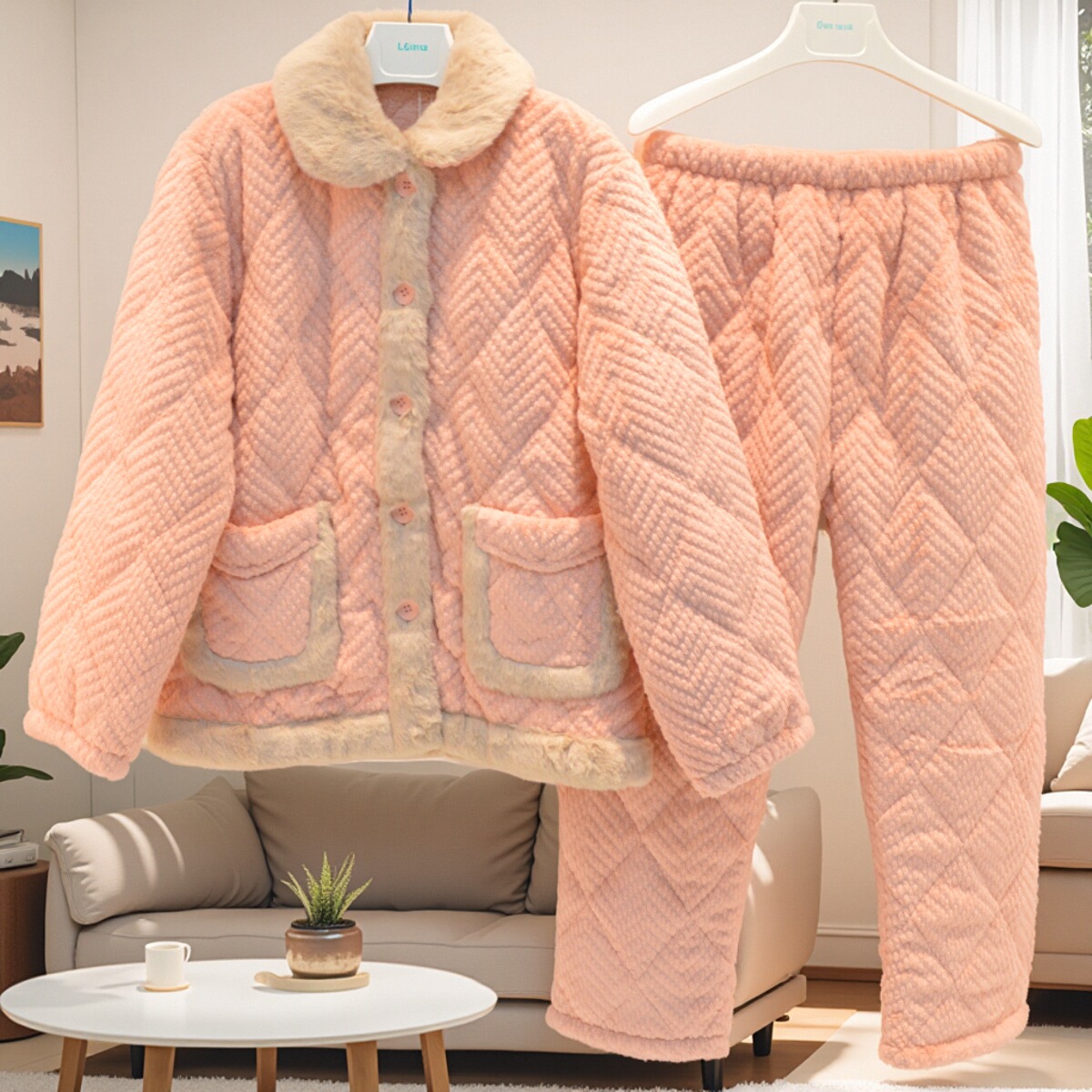 精雅儿童夹棉睡衣冬季三层加厚珊瑚绒可爱保暖女孩大童家居服棉袄