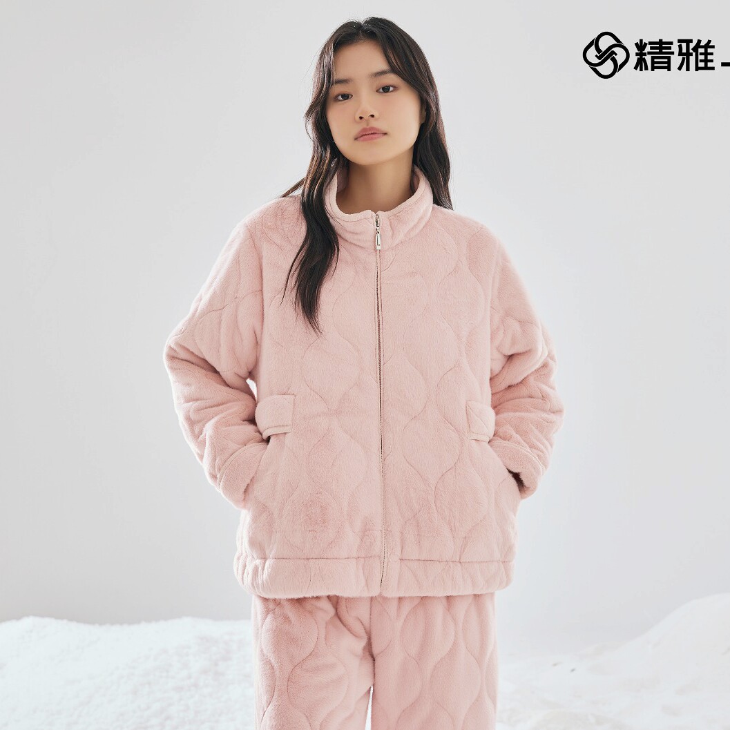 精雅睡衣冬季女三层加厚夹棉立领拉链时尚保暖青年家居服棉袄套装