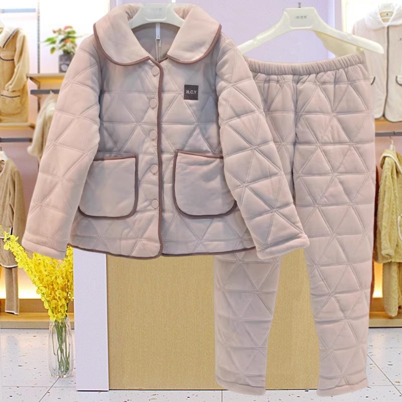 妮可雅睡衣冬季女士澳毛绒素色三层加厚珊瑚绒夹棉时尚保暖家居服
