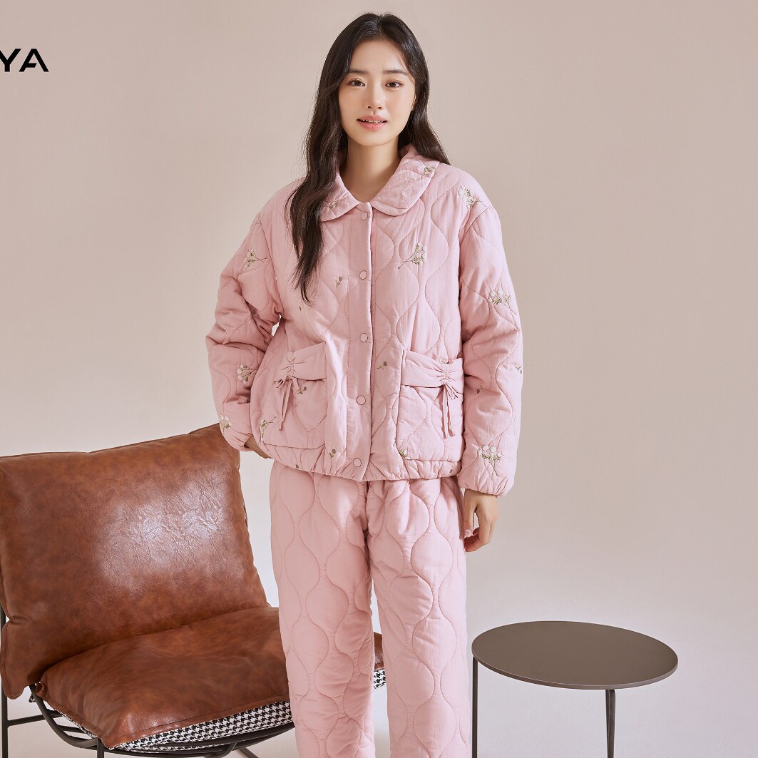 精雅睡衣冬季女三层加厚夹棉纯棉梭织绣花时尚保暖青年家居服棉袄