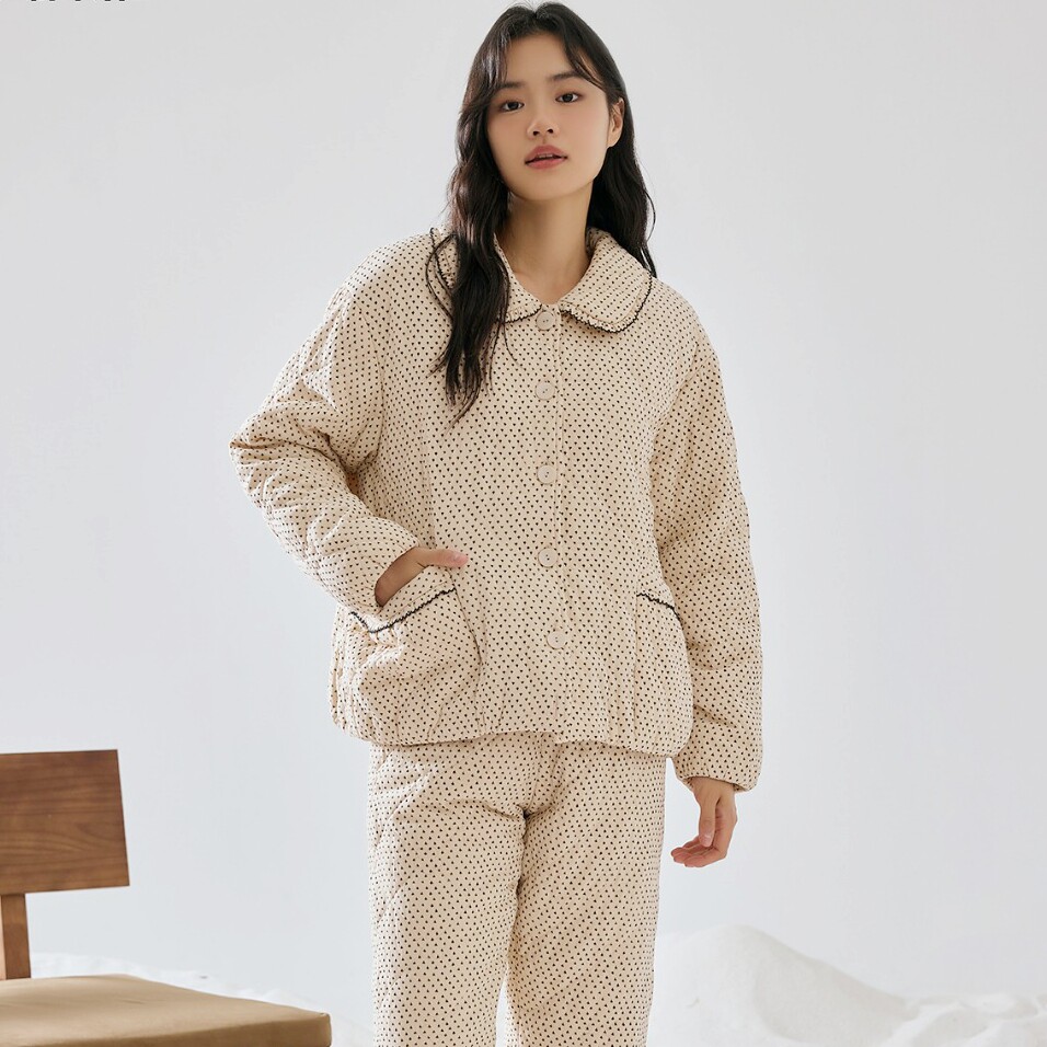 精雅冬季女纯棉三层加厚睡衣套装