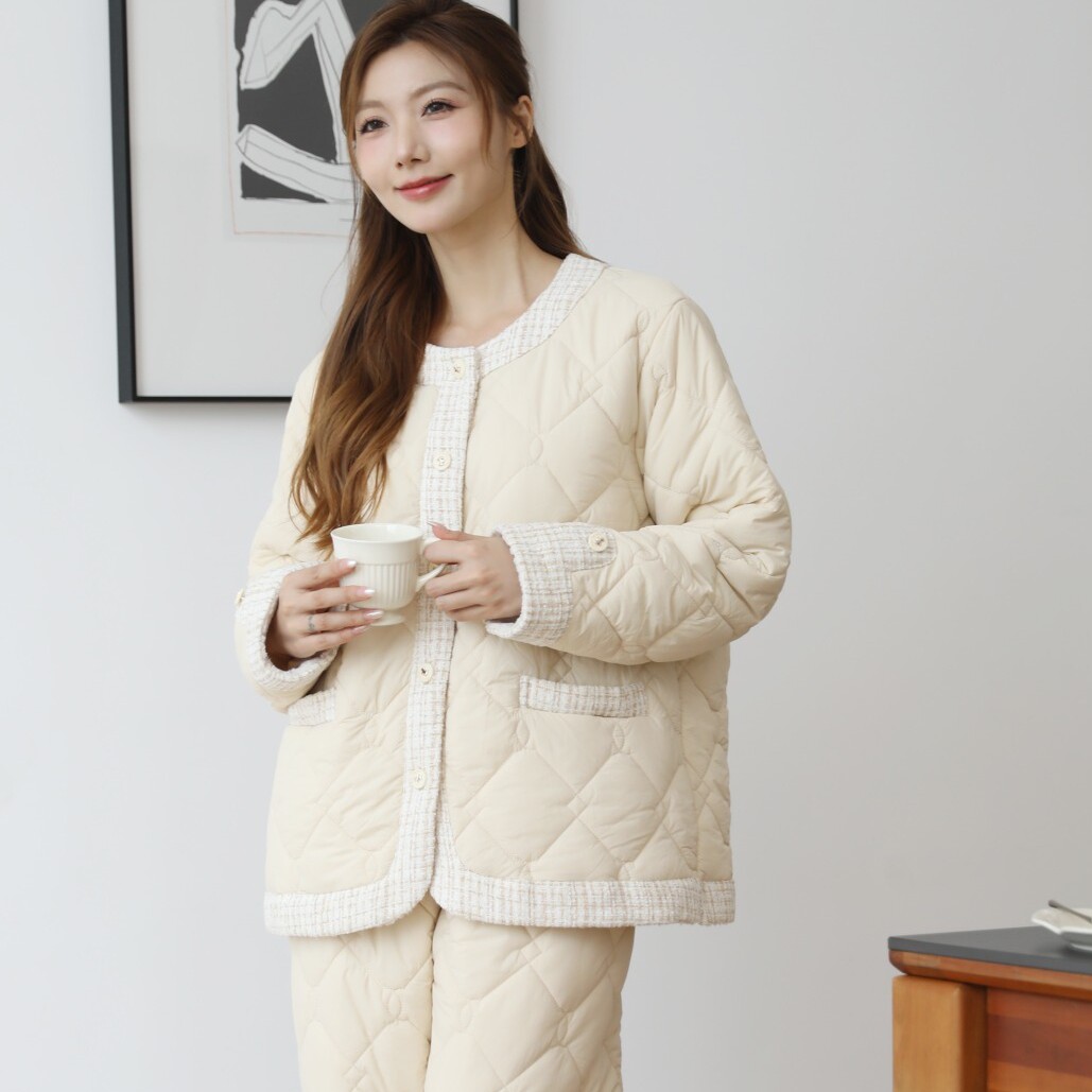 佰伦熊睡衣冬季女三层加厚夹棉梭织羽绒布时尚保暖青年家居服棉袄