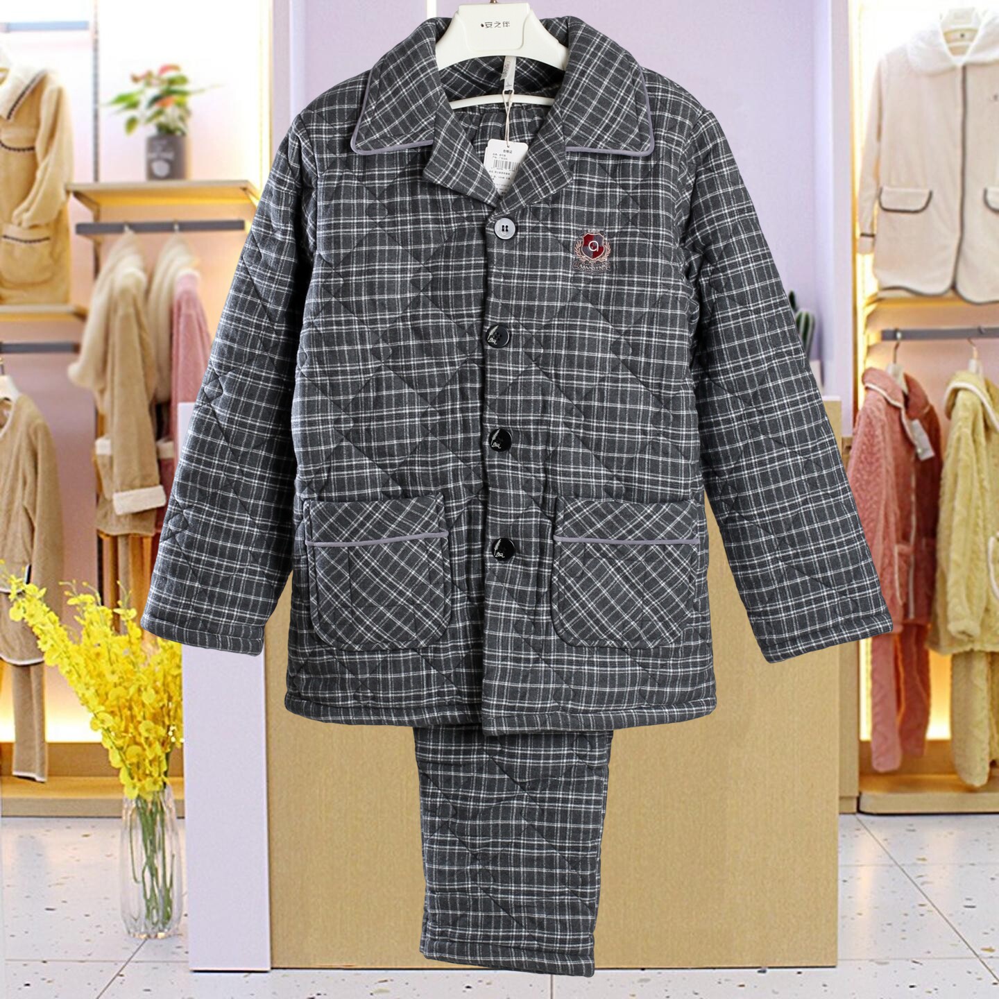 妮可雅睡衣冬季男士纯棉梭织磨毛加厚夹棉时尚保暖青年家居服棉袄