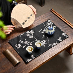 古风墨底银花提花茶席中式水墨花枝茶桌垫禅意茶道茶旗复古茶垫
