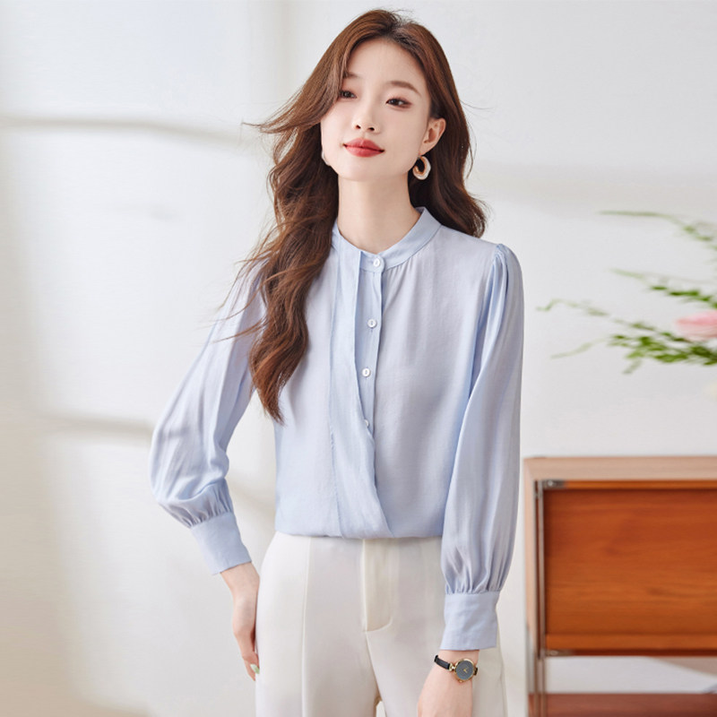 设计感小众气质蓝色衬衣女早春新款时尚韩版女神范洋气长袖衬衫潮