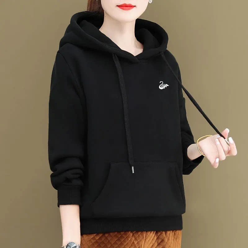黑色连帽卫衣女2024新款秋冬季加绒款小个子宽松慵懒风正肩外套女