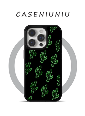 日韩ins黑色仙人掌 适用苹果17promax手机壳磁吸iPhone16磁吸支架15好看14小众高级13全包磨砂手机壳个性超火