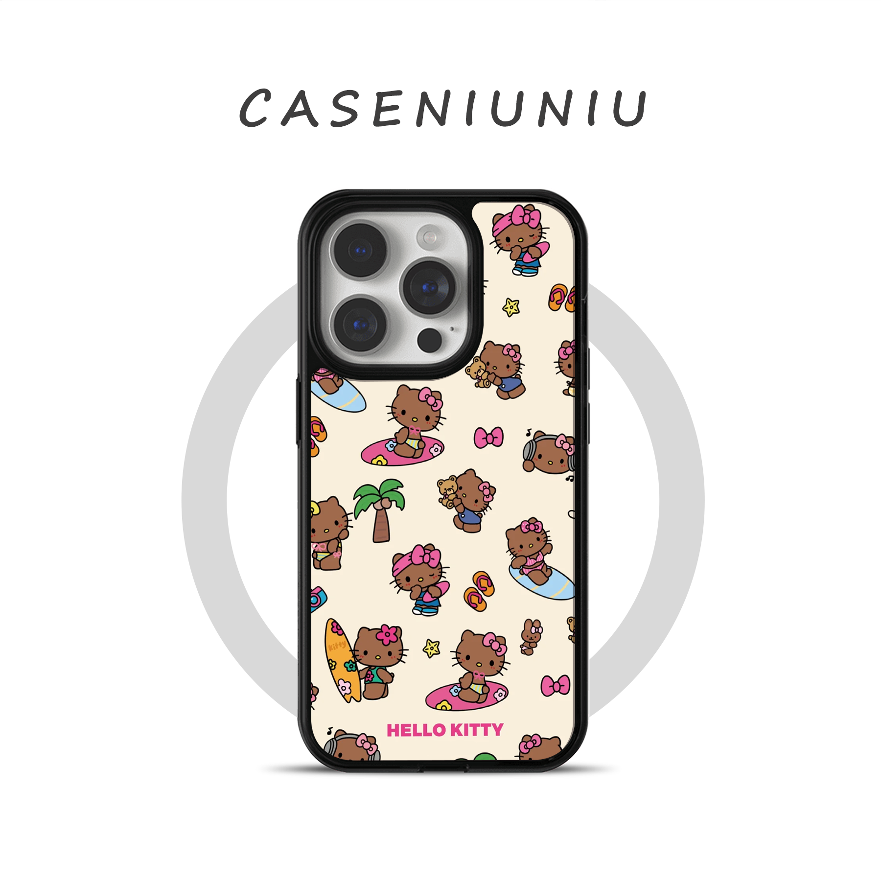 可爱冲浪黑皮hellokitty凯蒂猫适用苹果16promax手机壳磁吸iPhone15磁吸支架14夏日13高级感12全包磨砂手机壳