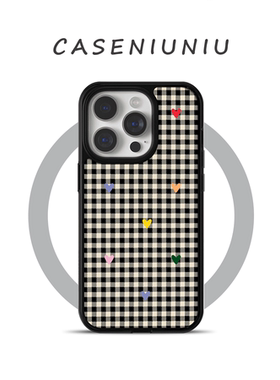 文艺复古格子爱心适用苹果17promax手机壳磁吸iPhone16磁吸支架15小众高级14艺术插画13全包磨砂超火手机壳潮